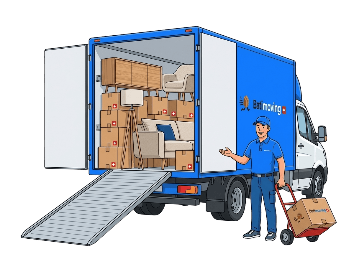 Camion de déménagement suisse Batimoving avec inventaire mobilier et déménageur professionnel